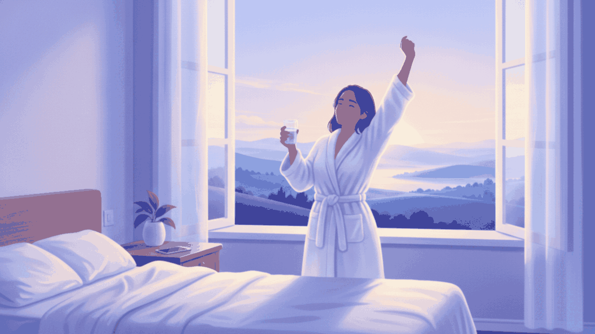 Person in a robe at an open window drinking water and stretching, phone left untouched on the nightstand