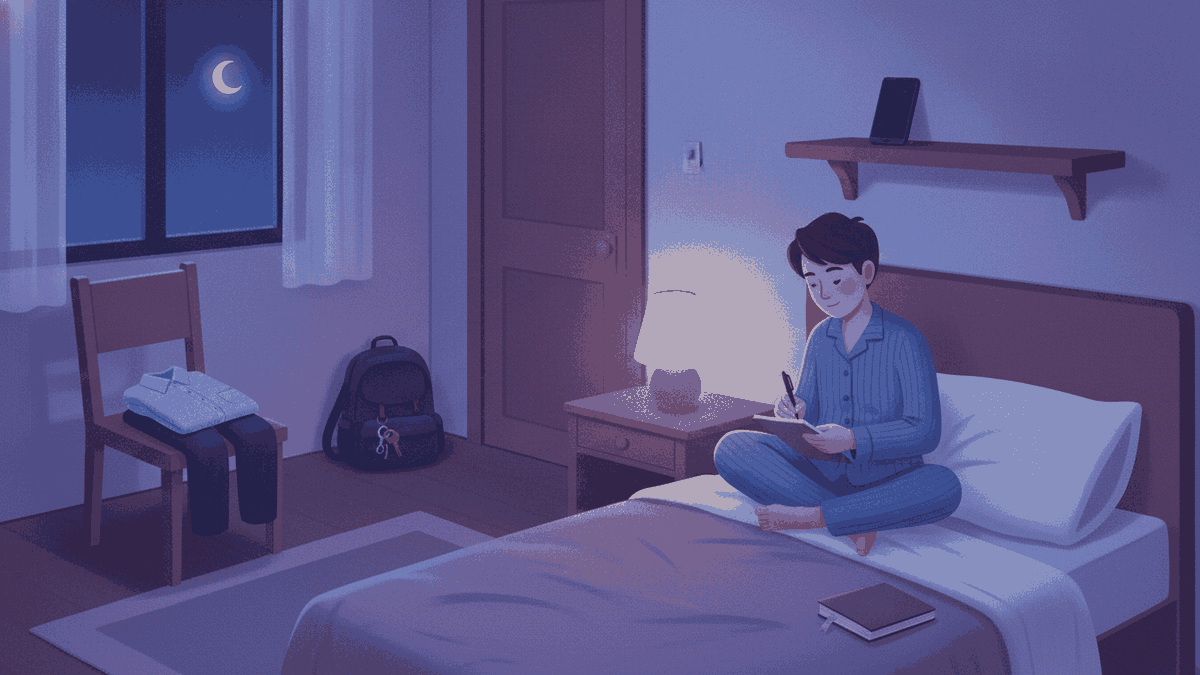 Dim evening bedroom with clothes laid out, packed bag by the door and a person writing a list by lamplight