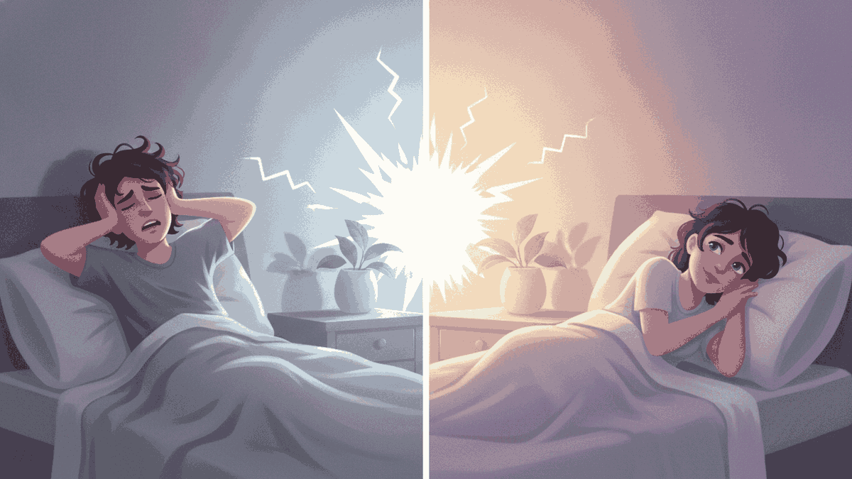 Same bedroom shown twice: a person flinching awake on one side, and waking with a gentle smile on the other