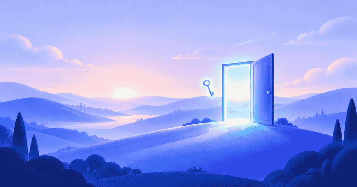 Soft gradient illustration of a morning sun above a simple open door and a small key